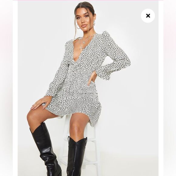 PrettyLittleThing Beige Dalmatian Print Shirred Frill Hem Bodycon Dress - Picture 3 of 6
